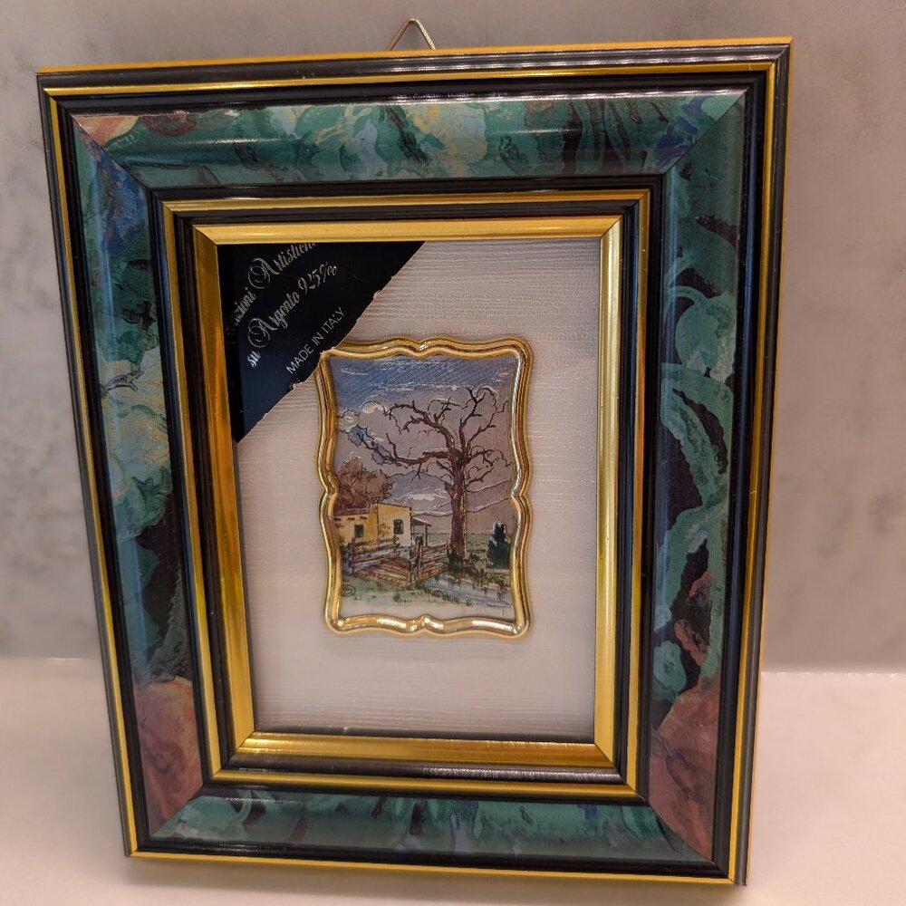 Vintage Italian Picture of trees, mountain, stream, house on silver foil 92.5%